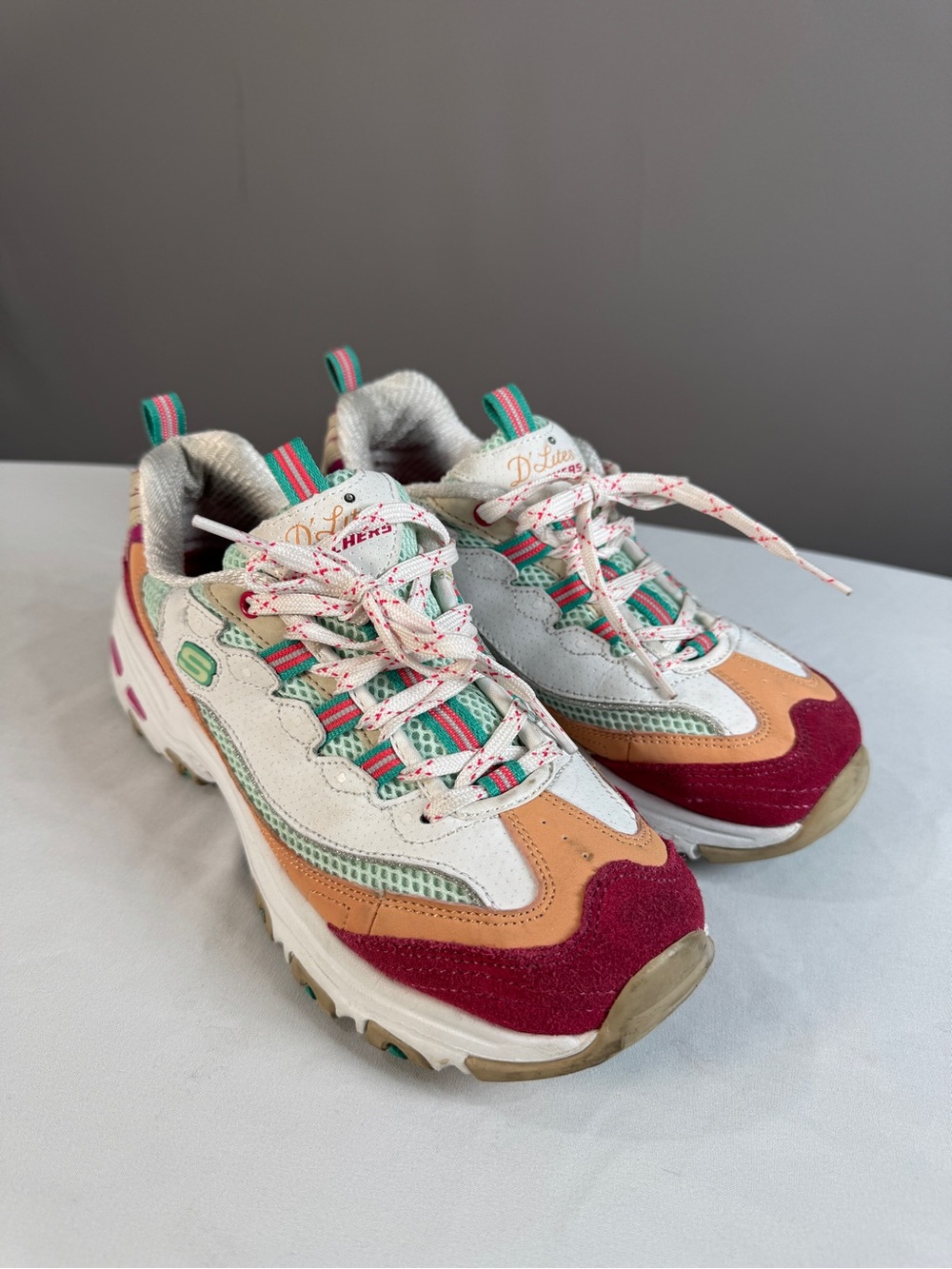 Skechers White Sneakers with Burgundy, Orange & Teal Accents
